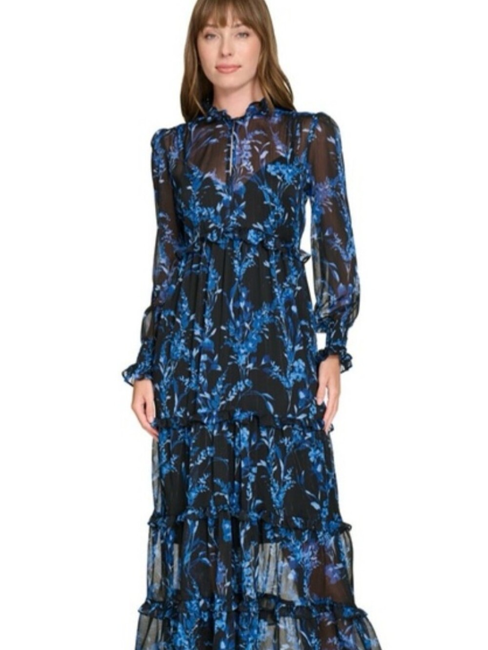 Tommy Hilfiger Smocked Neck And Sleeves Blue Floral Ruffle Maxi Dress Size 12